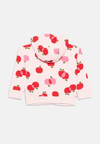 Rosa hoodie med ett fruktmönster som har röda och rosa äpplen. Tillverkad av bomull, långärmad med en ficka framtill. Huva design.