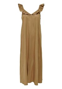 Robe longue sans manches en tissu marron clair. Dotée d'un col en V et de bretelles volantées. Silhouette droite et fluide avec une texture lisse.