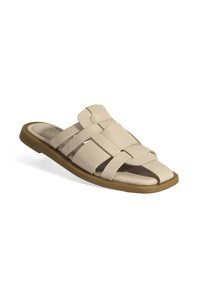 Sandale à glisser en cuir beige avec des lanières croisées, design à bout ouvert, semelle intérieure rembourrée et semelle en caoutchouc texturé.
