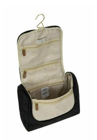 Borsa da viaggio nera in nylon con interno beige, tre tasche in rete, una tasca frontale con zip e un gancio dorato per un facile accesso.