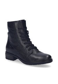 Botas de cuero negras hasta el tobillo con punta redondeada, diseño de cordones, superficie texturizada y tacón bajo cuadrado. Detalle del logo a un lado visible.