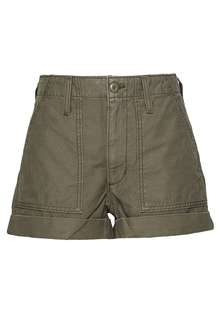 Shorts taille haute vert olive avec poches plaquées devant, fermeture par bouton, passants de ceinture et ourlets retroussés.