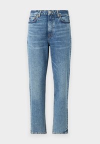 Light blue denim jeans with a high waist, straight leg design, and faded texture. Features silver hardware and contrasting stitching.
