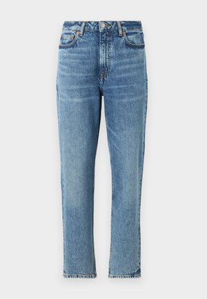 Light blue denim jeans with a high waist, straight leg design, and faded texture. Features silver hardware and contrasting stitching.