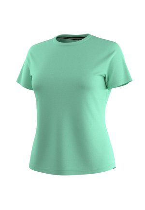 Turkusowy teksturowany t-shirt z krótkim rękawem i okrągłym dekoltem, o dopasowanym kroju, przedstawiony na białym tle.