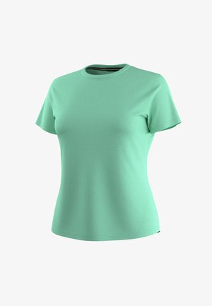 Turkusowy teksturowany t-shirt z krótkim rękawem i okrągłym dekoltem, o dopasowanym kroju, przedstawiony na białym tle.