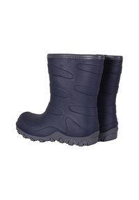 Bottes en caoutchouc bleu marine avec des rainures verticales texturées, un embout arrondi et une semelle en caoutchouc surélevée présentant un motif ondulé pour l'adhérence.