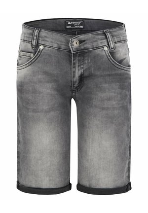Short en jean gris délavé avec ourlets roulés, bouton devant, braguette zippée et design cinq poches en taille jeunesse 11-12 ans.
