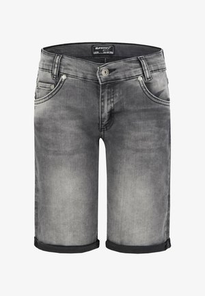 Falmet grå denimshorts med op rullede kanter, frontknap, lynlås, og design med fem lommer i ungdomsstørrelse 11-12 år.