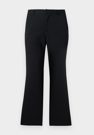 Schwarze, gerade geschnittene Hose mit Gürtelschlaufen, Reißverschluss und zwei Seitentaschen, dargestellt vor einem einfarbigen hellen Hintergrund.