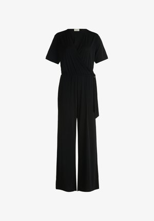 Schwarzer Wickel-Overall mit kurzen Ärmeln, elastischem Bund, weitem Beinschnitt und einem glatten, leichten Stoff. Verfügt über ein Bindegürtel-Detail.