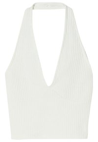 Zkrácený top s halter krkem, ribovaná textura, v off-white barvě, s hlubokým V-výstřihem a přiléhavým střihem.