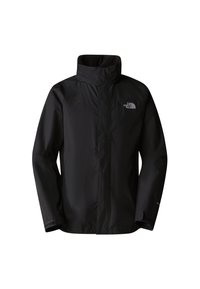 Veste imperméable noire avec col montant, manches longues et logo The North Face sur la poitrine gauche et le bord de la manche.