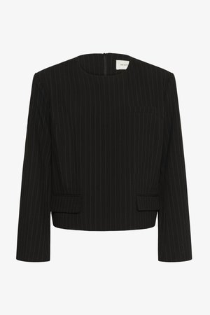 Black pinstripe cropped blazer with long sleeves, round neckline, two front flap pockets, and back zipper closure.