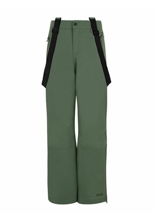 Pantaloni da sci verdi con bretelle nere regolabili, gamba larga e zip sui lati. Realizzati in materiale resistente e impermeabile.