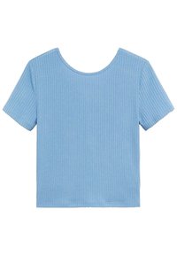 T-shirt cropped bleu clair à manches courtes, avec une texture côtelée et un col rond. Design simple, sans ornements ni motifs.