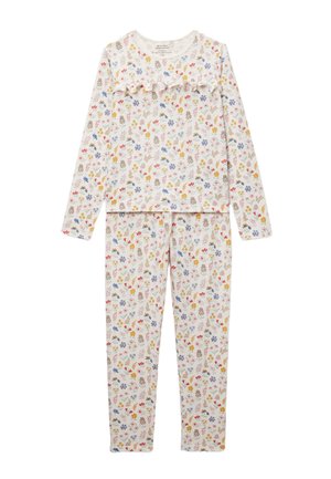 Ensemble pyjama crème à manches longues avec motif floral multicolore et détail à volants sur la poitrine, pantalon assorti avec ceinture élastique.