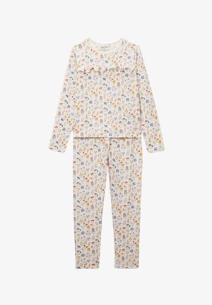 Ensemble pyjama crème à manches longues avec motif floral multicolore et détail à volants sur la poitrine, pantalon assorti avec ceinture élastique.