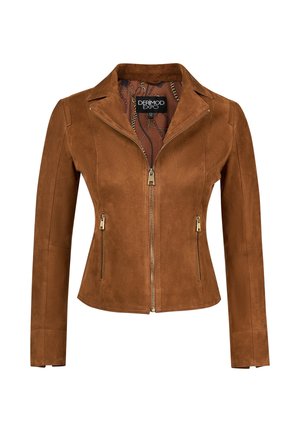 Veste en daim marron avec fermeture éclair devant, deux poches latérales zippées et doublure intérieure à motifs sur fond blanc.