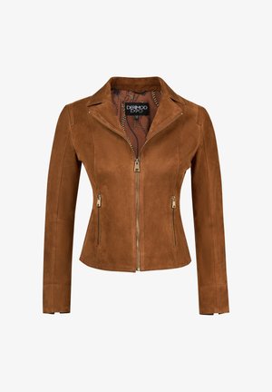Veste en daim marron avec fermeture éclair devant, deux poches latérales zippées et doublure intérieure à motifs sur fond blanc.