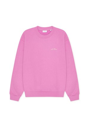 Ροζ φούτερ από μαλακό ύφασμα, με στρογγυλή λαιμόκοψη, μακριά μανίκια, ριμπ μανσέτες και τελείωμα, με μικρό κεντημένο λογότυπο στο μπροστινό μέρος.