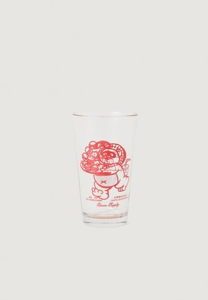Clear drinking glass with red cartoon design of a character holding coins and a small drink with a straw, plus text and numbers below.