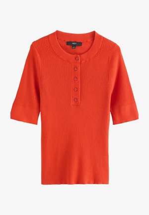 Krátký rukáv oranžový žebrovaný pletený top s kulatým výstřihem a šesti knoflíky vpředu. Tkanina je hladká a má strukturovaný střih.