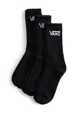 Schwarze Baumwoll-Crew-Socken mit geripptem Muster und weißem "VANS"-Logo am Bund, verpackt als Set mit drei Paaren.