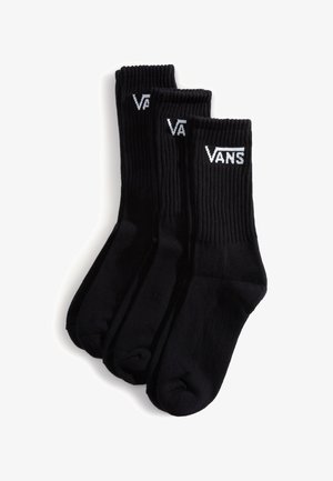 Schwarze Baumwoll-Crew-Socken mit geripptem Muster und weißem "VANS"-Logo am Bund, verpackt als Set mit drei Paaren.