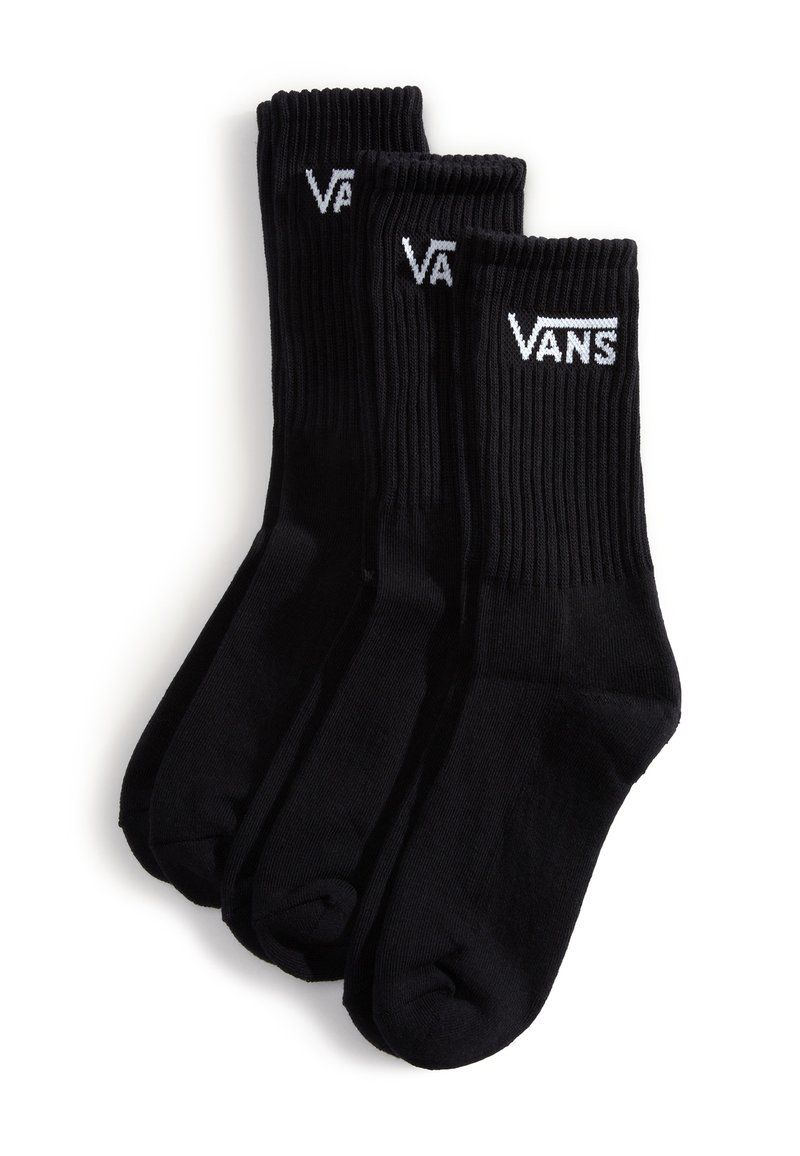 Calcetines de algodón negros de corte crew con textura acanalada y logo blanco "VANS" en el puño, empaquetados en un set de tres pares.