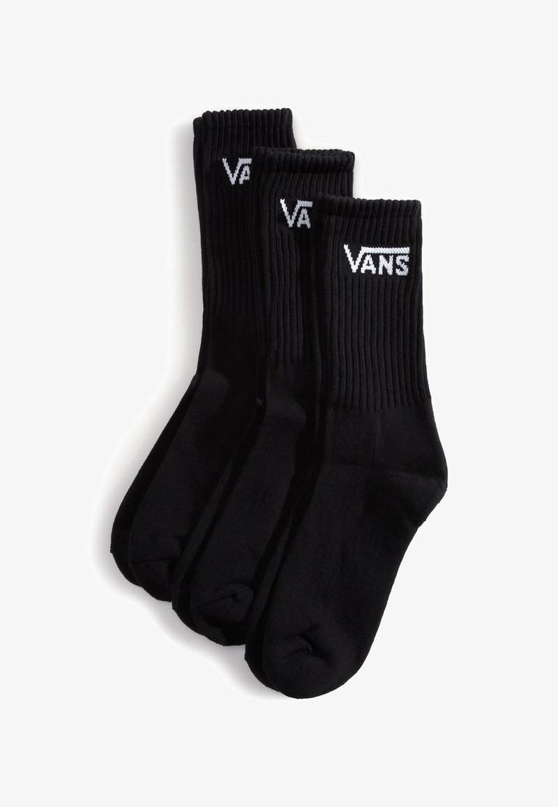 Svarta bomullssockor med ribbat mönster och vitt "VANS"-logotyp på kanten, paketerade som ett set med tre par.