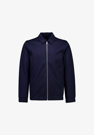 Marineblaue Jacke mit Reißverschluss an der Vorderseite, einem Kragen und elastischen Bündchen. Hergestellt aus glattem Stoff, mit Seitentaschen und minimalistischem Design.