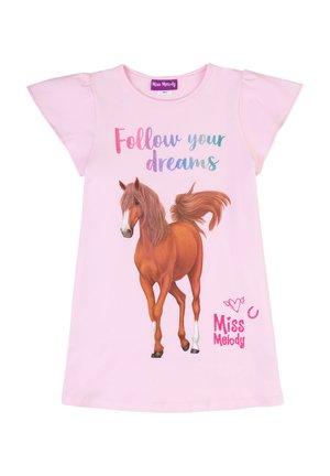 Abito a t-shirt rosa con grafica di un cavallo marrone, testo "Segui i tuoi sogni" in lettere colorate e "Miss Melody" stampato in rosa.