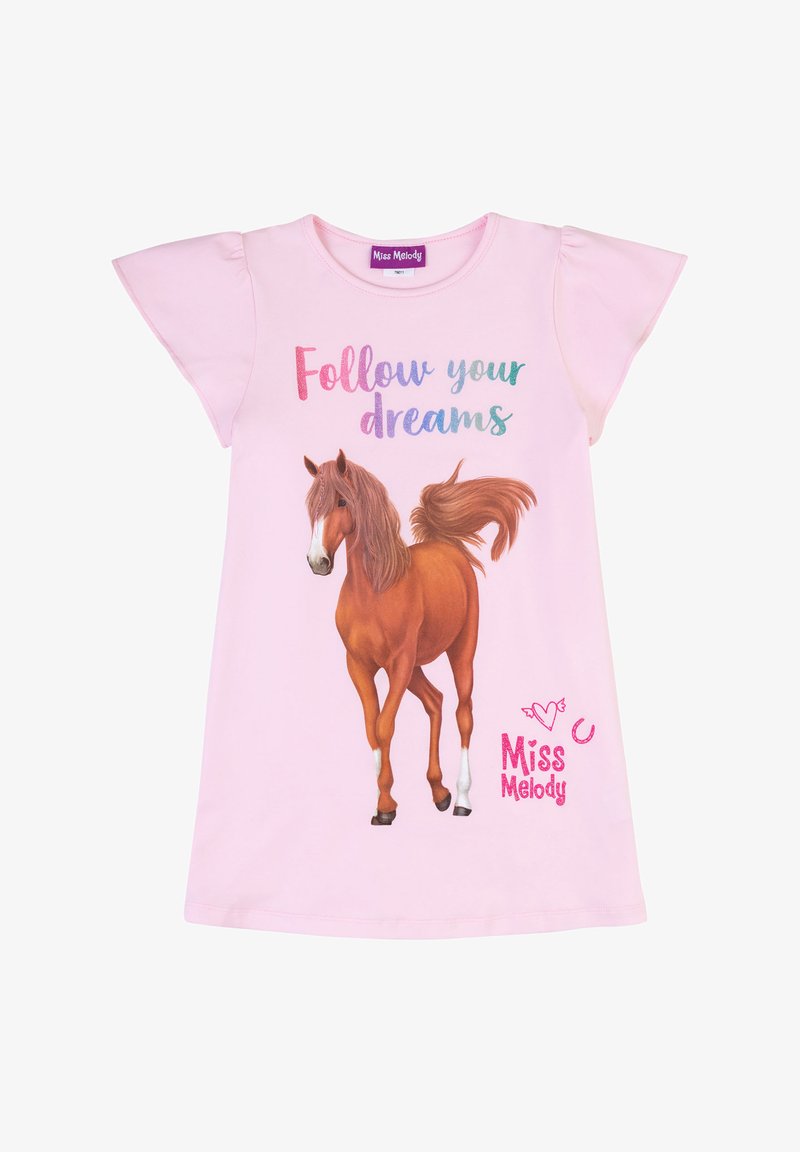 Abito a t-shirt rosa con grafica di un cavallo marrone, testo "Segui i tuoi sogni" in lettere colorate e "Miss Melody" stampato in rosa.