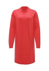 Abito lavorato a maglia rosso, di lunghezza media, con colletto alto a costine e maniche lunghe. Tessuto liscio con un design semplice e senza motivi o dettagli visibili.