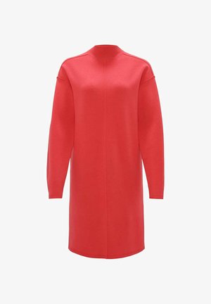 Abito lavorato a maglia rosso, di lunghezza media, con colletto alto a costine e maniche lunghe. Tessuto liscio con un design semplice e senza motivi o dettagli visibili.