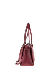 Borsa a mano in pelle borgogna con finitura textured, doppio manico, tracolla e chiusura con zip. Presenta un design con base triangolare.