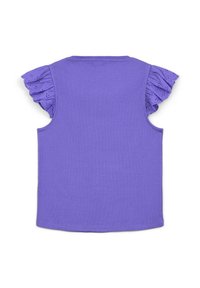 Top viola senza maniche, con maniche in pizzo arricciate, una texture morbida e un orlo dritto. Adatto per un look casual.