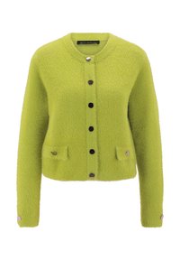 Cardigan duveteux vert lime doux avec un col rond, des boutons à pression à l'avant, deux poches avant avec des boutons et des manches longues.