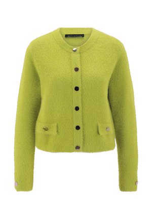 Cardigan duveteux vert lime doux avec un col rond, des boutons à pression à l'avant, deux poches avant avec des boutons et des manches longues.