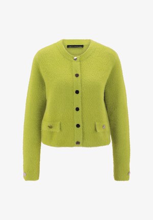 Zacht limoen groen fuzzy cardigan met ronde hals, voorste drukknoopsluiting, twee voorzakken met knopen en lange mouwen.