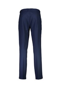 Pantalones azul marino con un corte ajustado, que presentan dos bolsillos traseros con botones negros y una tela de textura suave.