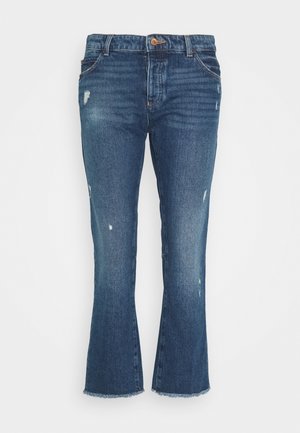 Blauwe denim jeans met lichte slijtage en een ruwe zoom, voorzien van een knoop- en ritssluiting met voorzakken.