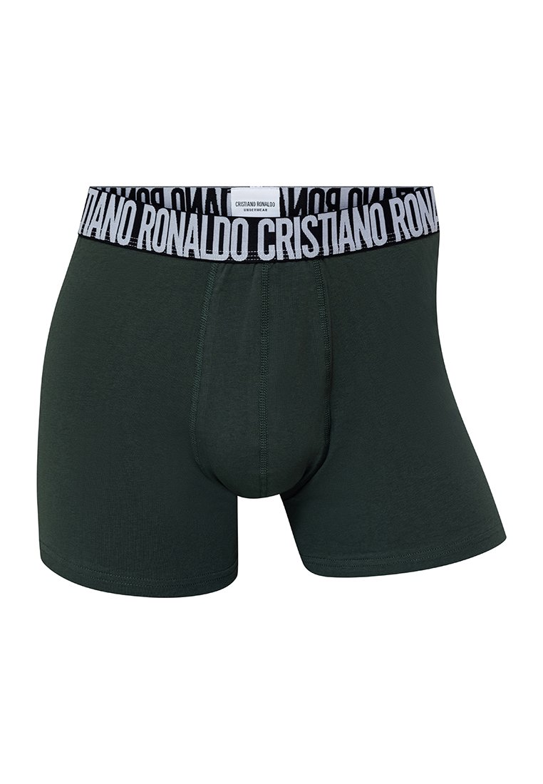 Boxer interiores verde oscuro con una cinturilla elástica negra que presenta "CRISTIANO RONALDO" en letras blancas. Tela suave y elástica.
