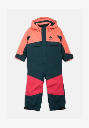 Dětský zimní overal s růžovo-turquoise barevným schématem, voděodolný materiál, kapuce, velké přední kapsy a nastavitelné manžety.
