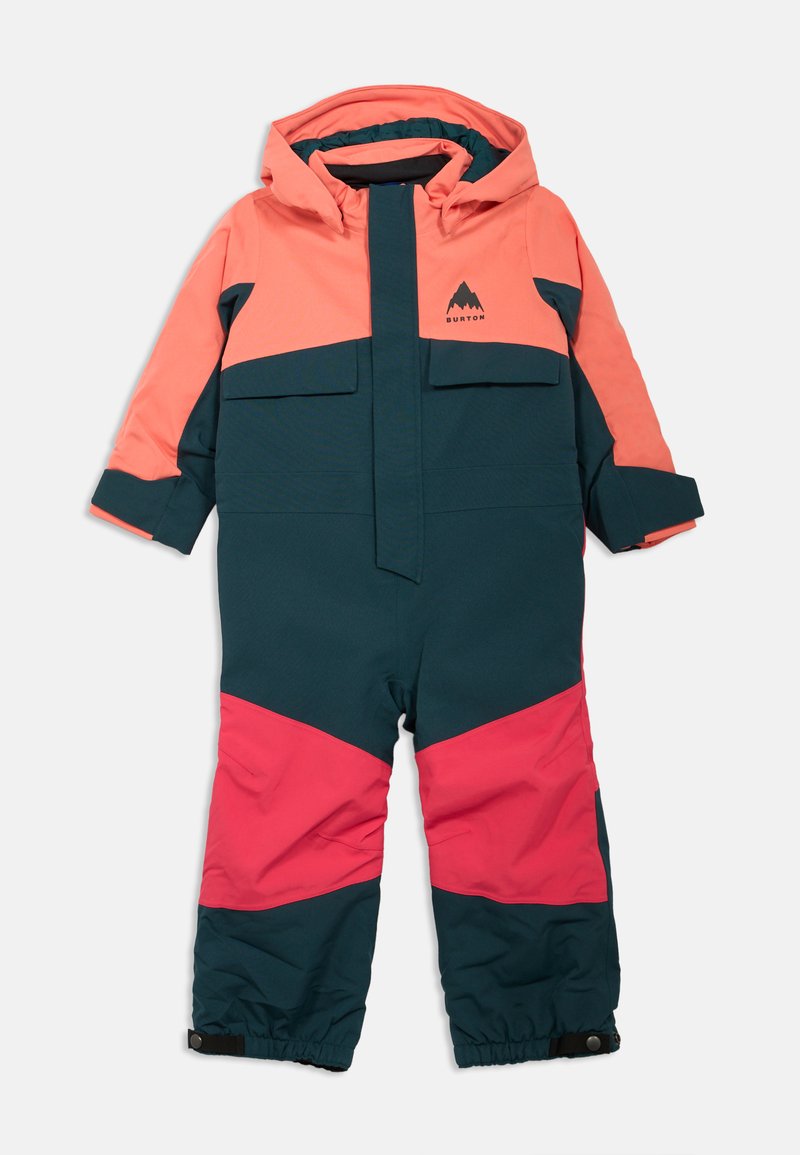 Macacão infantil com uma combinação de cores rosa e verde-água, material impermeável, capuz, grandes bolsos frontais e punhos ajustáveis.