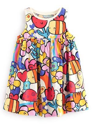 Gekleurde mouwloze jurk van katoen met een speels patroon van bloemen, harten en glimlachende figuurtjes in levendige kleuren.