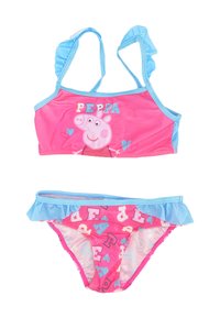 Rosa Zweiteiler-Badeanzug mit Rüschenträgern und einem Rüschengürtel, mit einem Peppa Pig-Motiv auf dem Oberteil und bunten Buchstaben auf dem Unterteil.