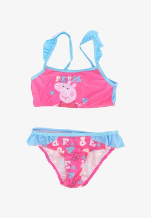 Pink two-piece swimsuit featuring ruffled straps and waistband, with a Peppa Pig graphic on the top and colorful letters on the bottom.