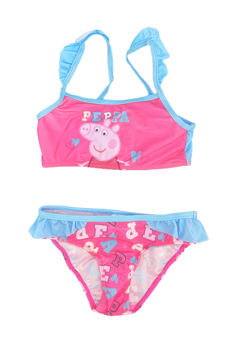 Rosa Zweiteiler-Badeanzug mit Rüschenträgern und einem Rüschengürtel, mit einem Peppa Pig-Motiv auf dem Oberteil und bunten Buchstaben auf dem Unterteil.